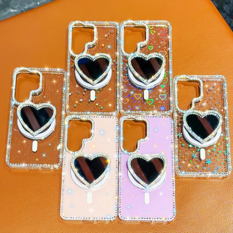 For Samsung Galaxy S24 Ultra 5G Sparkling IMD Heart-Shaped Mirror Magnetic Phone Case with Bracelet