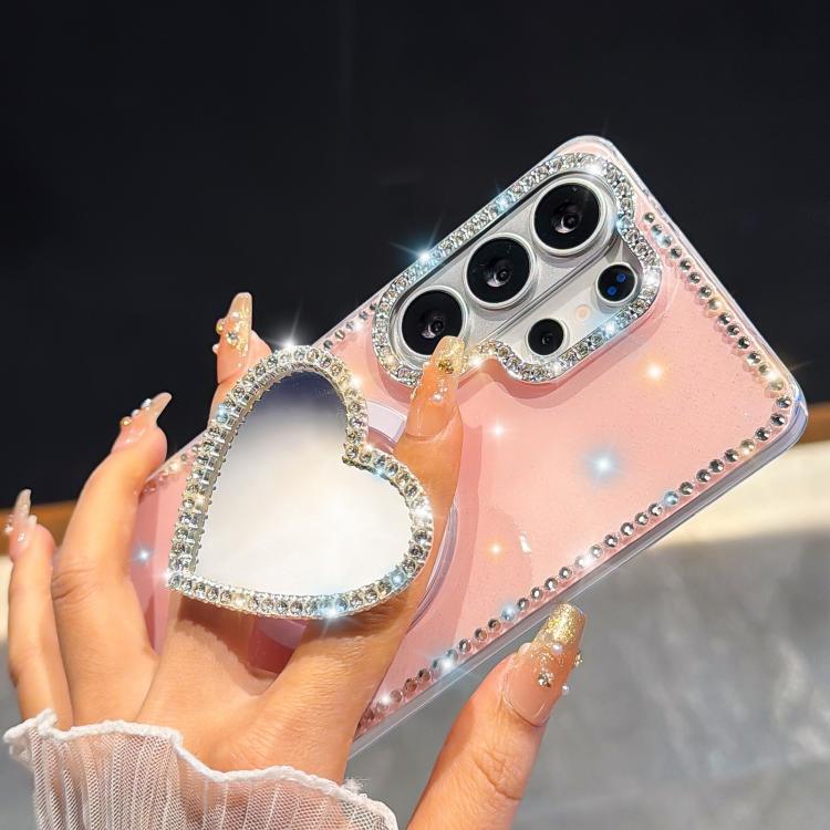 For Samsung Galaxy S25 5G Sparkling IMD Heart-Shaped Mirror Magnetic Phone Case with Bracelet