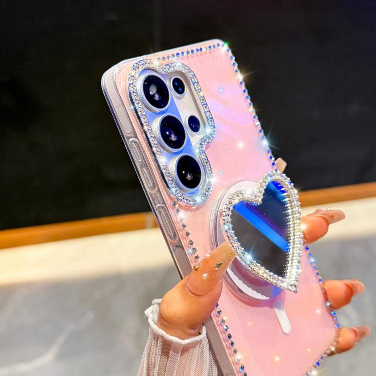 For Samsung Galaxy S24+ 5G Sparkling IMD Heart-Shaped Mirror Magnetic Phone Case with Bracelet