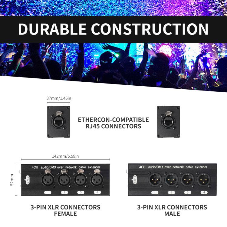 4 Channel XLR Male to Female Expander Splitter Breakout Box RJ45 Ethernet Extension - Black