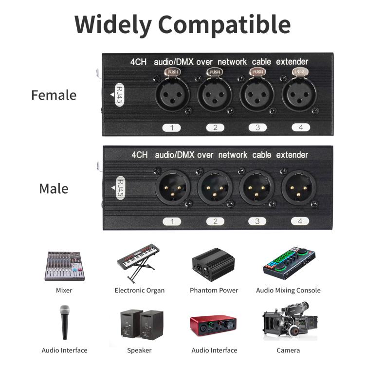 4 Channel XLR Male to Female Expander Splitter Breakout Box RJ45 Ethernet Extension - Black