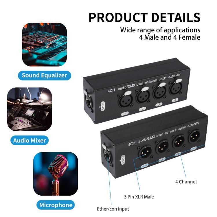 4 Channel XLR Male to Female Expander Splitter Breakout Box RJ45 Ethernet Extension - Black