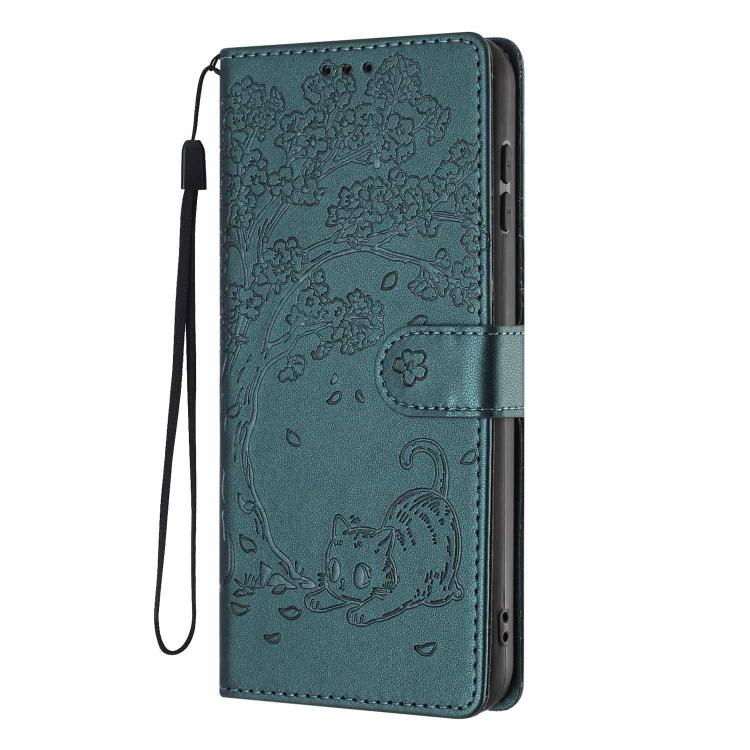 For iPhone 13 Tree Cat Embossed Flip Vegan Leather Phone Case
