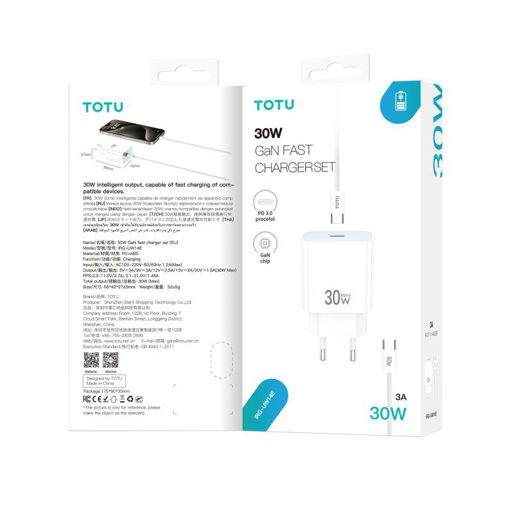 TOTU IRG-UW14 PD30W GaN Type-C Port Fast Charger Set, Plug:EU Plug - White