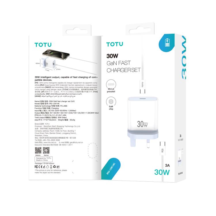 TOTU IRG-UW14 PD30W GaN Type-C Port Fast Charger Set, Plug:UK Plug - White