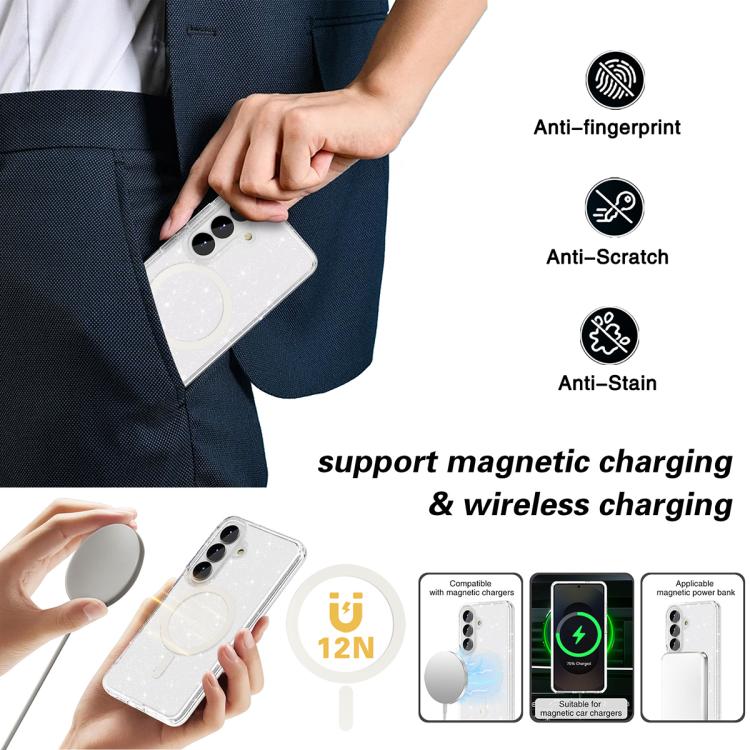 For Samsung Galaxy S26 5G Terminator Style Glitter Powder MagSafe Magnetic Phone Case - White