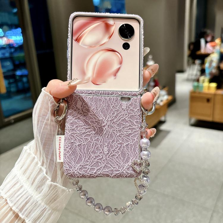 For Honor Magic V Flip Dual Side Metal Hooks Lace Embossed Phone Case with Wrist Strap