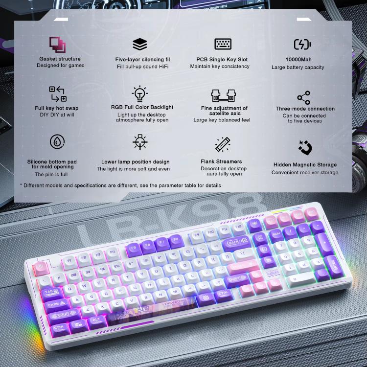 LINGBAO K98 101 Keys Triple-mode Wireless Game Keyboard, Type:White Purple-Flower Field Axis