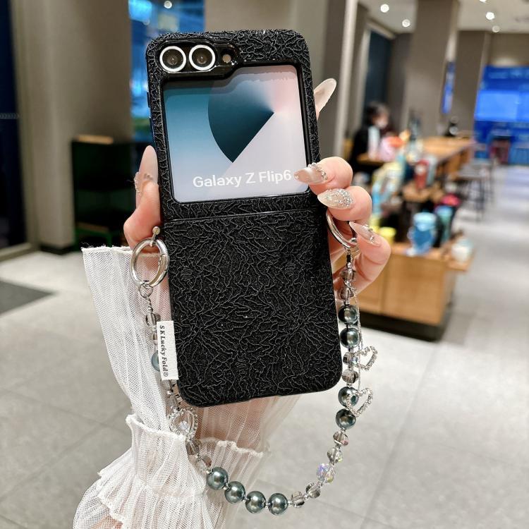 For Samsung Galaxy Z Flip6/7 FE Dual Side Metal Hooks Lace Embossed Phone Case with Wrist Strap