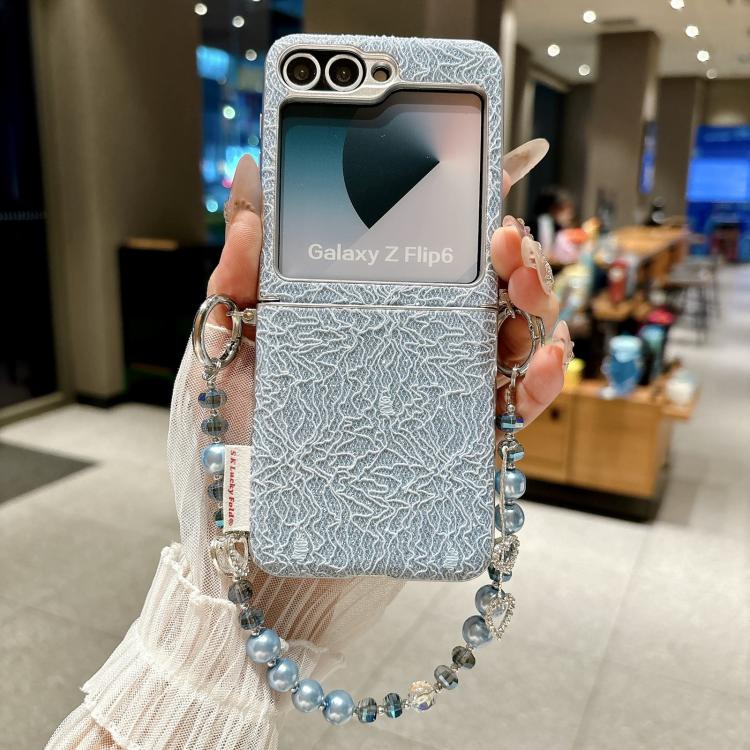 For Samsung Galaxy Z Flip6/7 FE Dual Side Metal Hooks Lace Embossed Phone Case with Wrist Strap