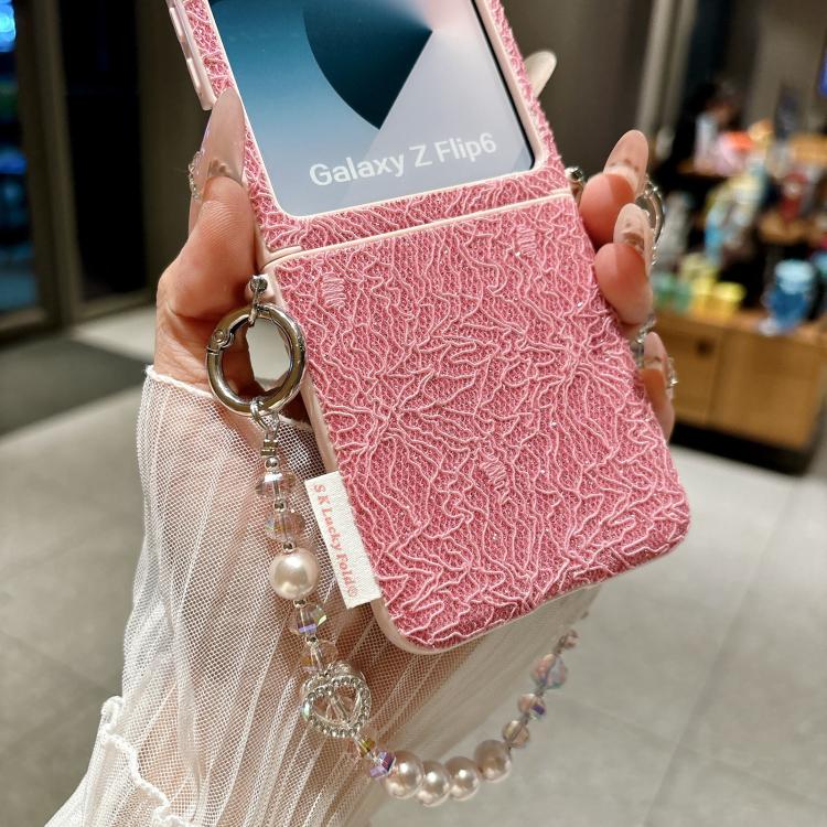 For Samsung Galaxy Z Flip6/7 FE Dual Side Metal Hooks Lace Embossed Phone Case with Wrist Strap