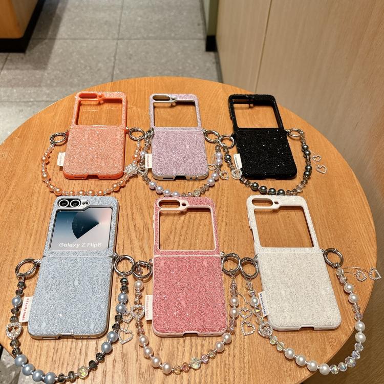 For Samsung Galaxy Z Flip6/7 FE Dual Side Metal Hooks Lace Embossed Phone Case with Wrist Strap