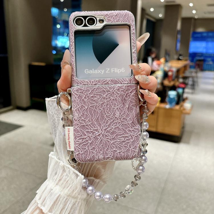 For Samsung Galaxy Z Flip6/7 FE Dual Side Metal Hooks Lace Embossed Phone Case with Wrist Strap
