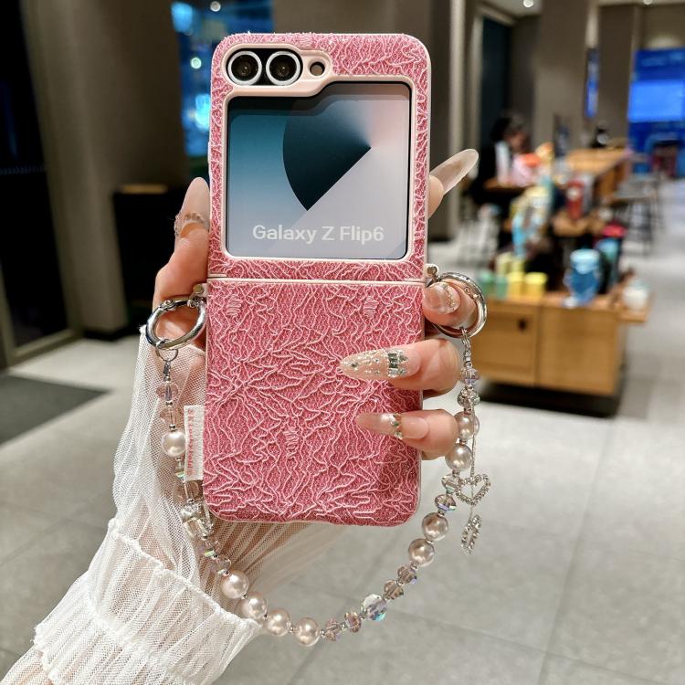 For Samsung Galaxy Z Flip6/7 FE Dual Side Metal Hooks Lace Embossed Phone Case with Wrist Strap