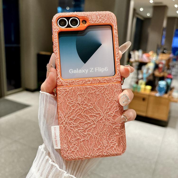 For Samsung Galaxy Z Flip6/7 FE Dual Side Metal Hooks Lace Embossed Phone Case with Wrist Strap
