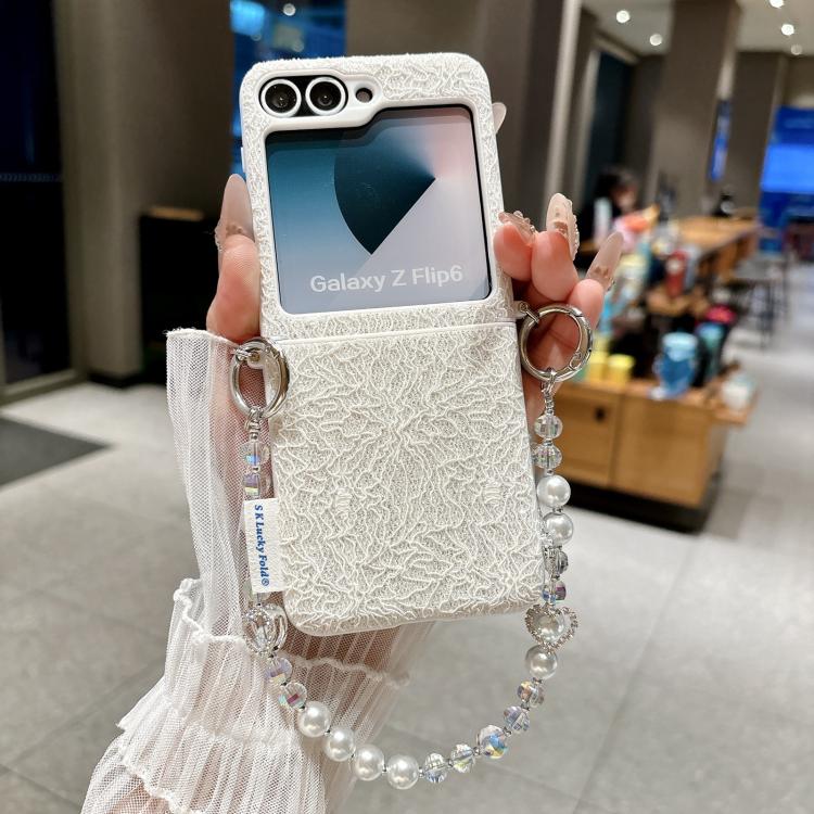 For Samsung Galaxy Z Flip6/7 FE Dual Side Metal Hooks Lace Embossed Phone Case with Wrist Strap