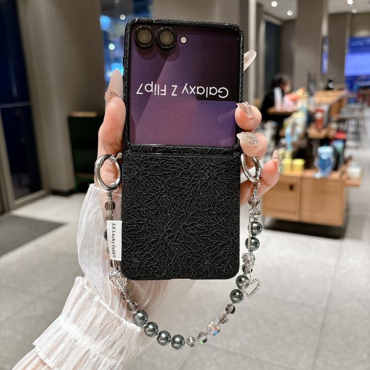 For Samsung Galaxy Z Flip7 5G Dual Side Metal Hooks Lace Embossed Phone Case with Wrist Strap