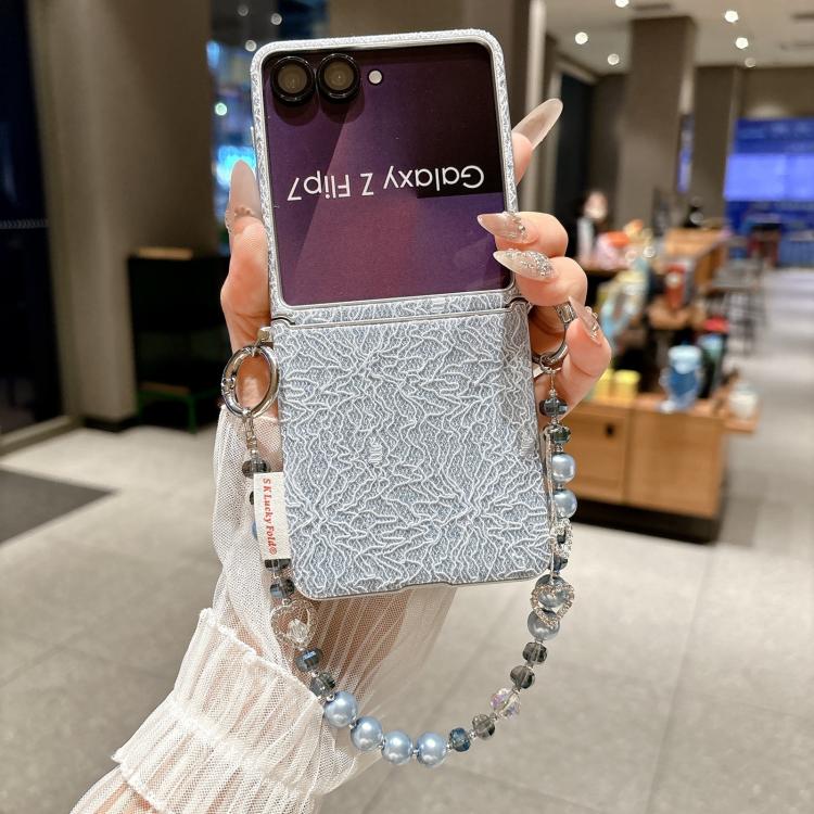 For Samsung Galaxy Z Flip7 5G Dual Side Metal Hooks Lace Embossed Phone Case with Wrist Strap