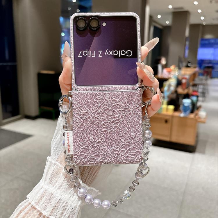 For Samsung Galaxy Z Flip7 5G Dual Side Metal Hooks Lace Embossed Phone Case with Wrist Strap