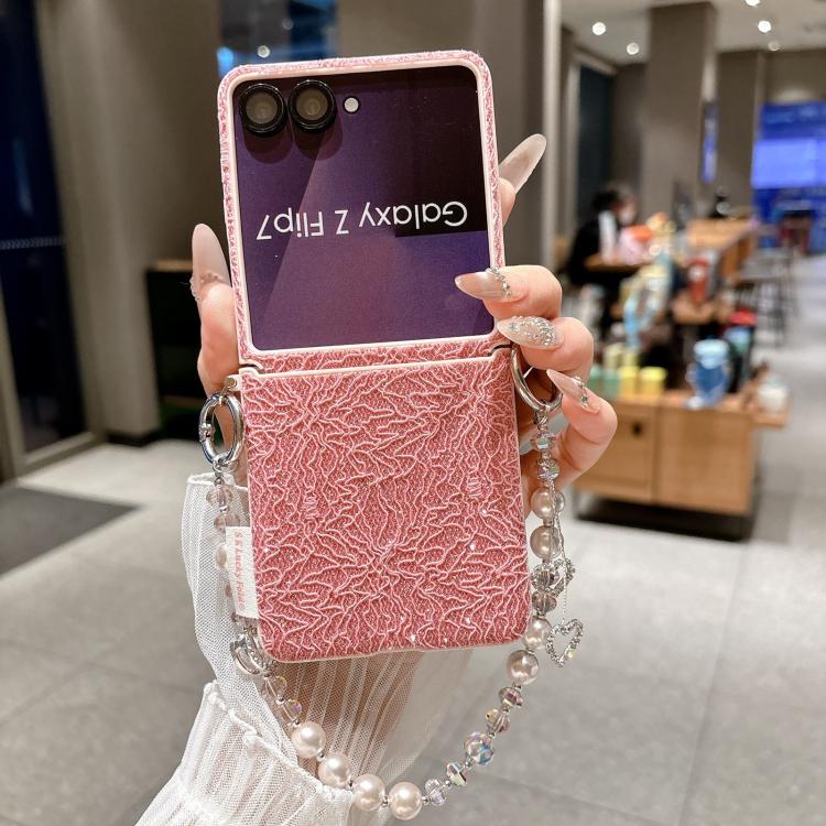 For Samsung Galaxy Z Flip7 5G Dual Side Metal Hooks Lace Embossed Phone Case with Wrist Strap