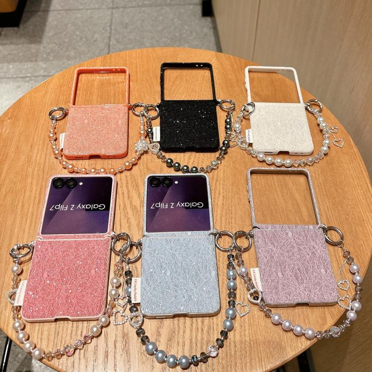 For Samsung Galaxy Z Flip7 5G Dual Side Metal Hooks Lace Embossed Phone Case with Wrist Strap