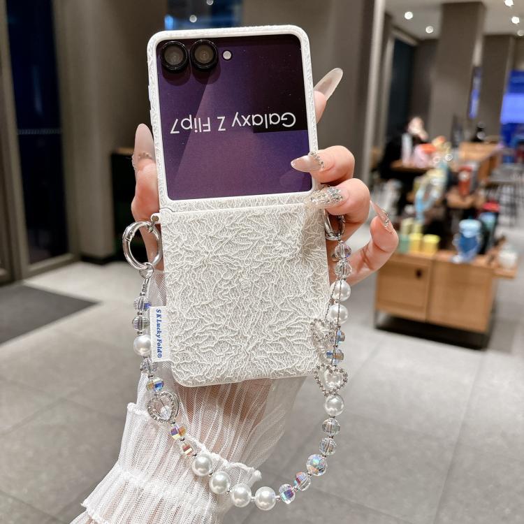 For Samsung Galaxy Z Flip7 5G Dual Side Metal Hooks Lace Embossed Phone Case with Wrist Strap