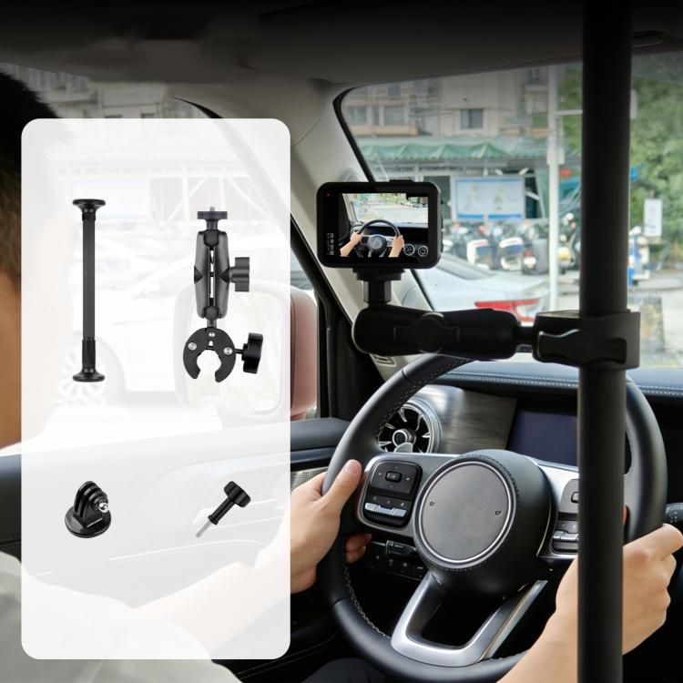 In-Car Camera Adjustable Mount Support Pole Extension Rod, Extend 4 in 1 Set with Crab Clip - Black