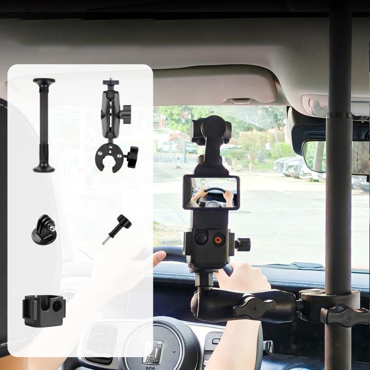 In-Car Camera Adjustable Mount Support Pole Extension Rod, Basic 5 in 1 Set with Clip Pocket Frame - Black