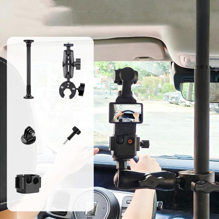 In-Car Camera Adjustable Mount Support Pole Extension Rod, Extend 5 in 1 Set with Clip Pocket Frame - Black