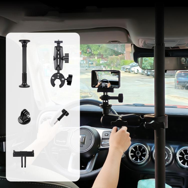 In-Car Camera Adjustable Mount Support Pole Extension Rod, Basic 5 in 1 Set with Clip Magnetic Base - Black