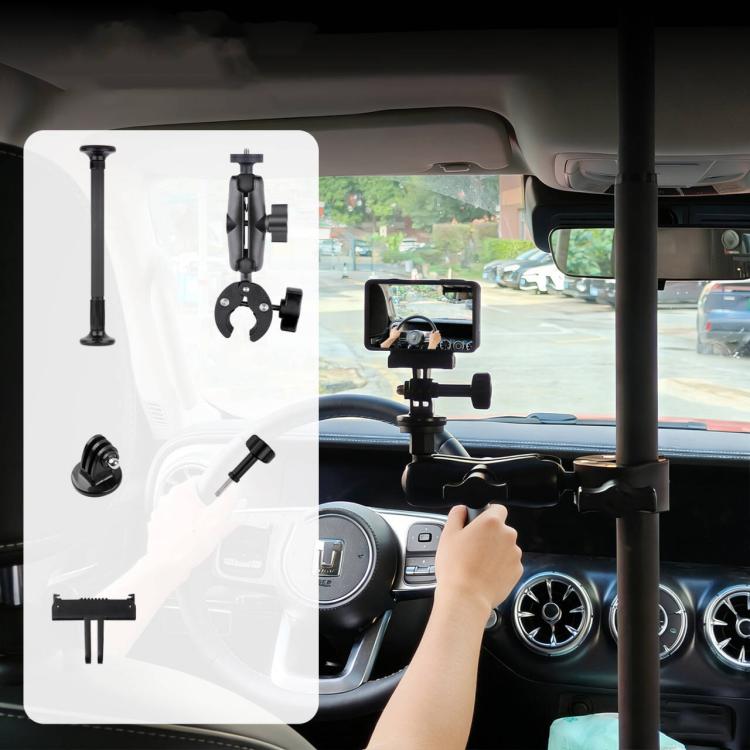 In-Car Camera Adjustable Mount Support Pole Extension Rod, Extend 5 in 1 Set with Clip Magnetic Base - Black