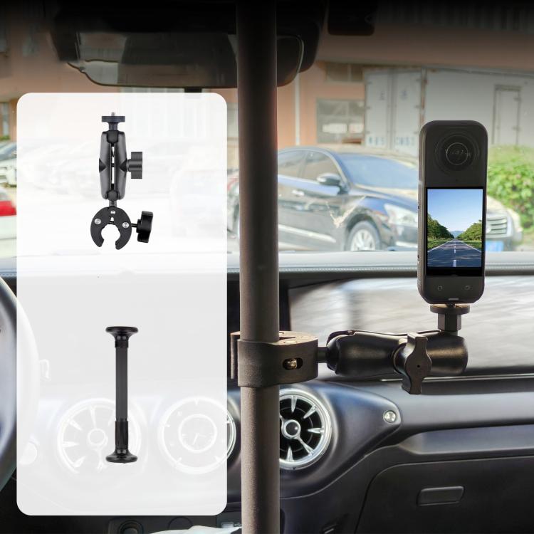 In-Car Camera Adjustable Mount Support Pole Extension Rod, Basic 2 in 1 Set with Crab Clip - Black