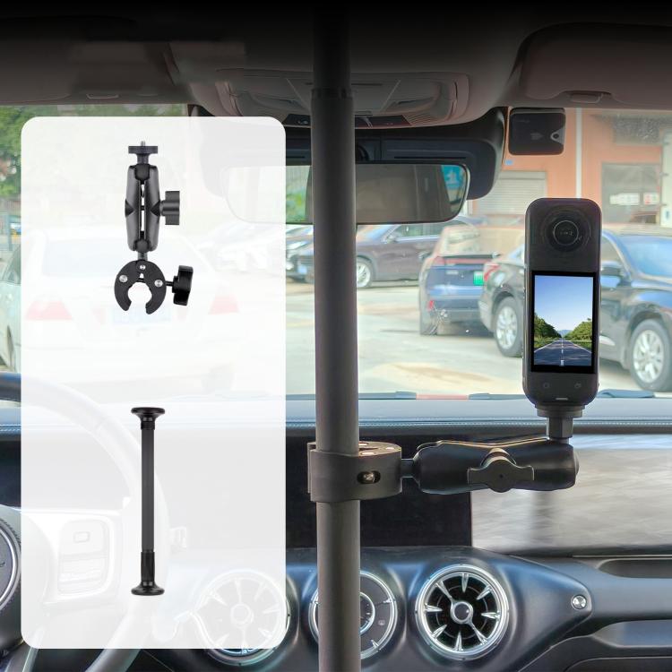 In-Car Camera Adjustable Mount Support Pole Extension Rod, Extend 2 in 1 Set with Crab Clip - Black