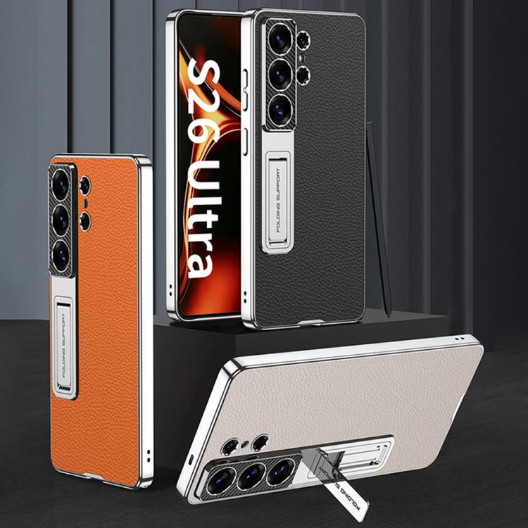 For Samsung Galaxy S26 Ultra 5G GKK Electroplated Leather Holder Phone Case