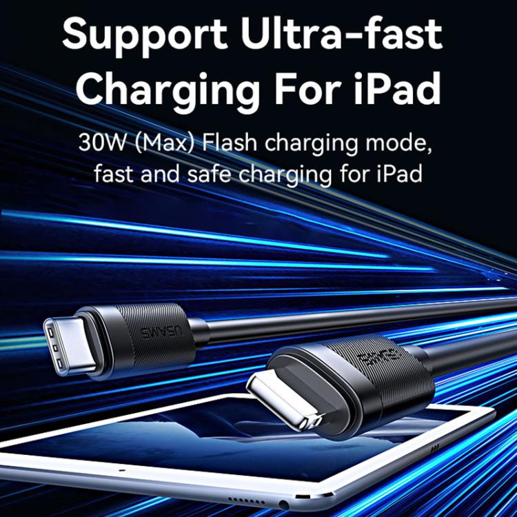 USAMS SJ781 U94 USB-C / Type-C to 8 Pin PD30W Fast Charging Data Cable, Length:1m - Black
