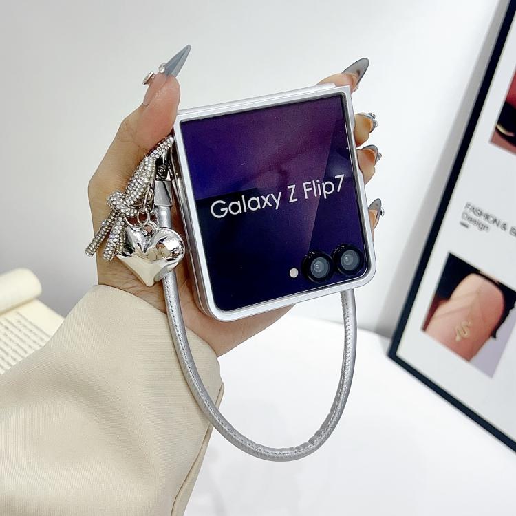 For Samsung Galaxy Z Flip7 5G Scale Texture Bow Phone Case with Wrist Strap / Nameplate