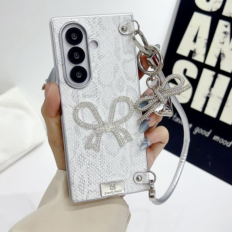 For Samsung Galaxy Z Fold5 Scale Texture Bow Phone Case with Wrist Strap / Nameplate