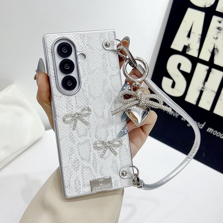 For Samsung Galaxy Z Fold5 Scale Texture Bow Phone Case with Wrist Strap / Nameplate