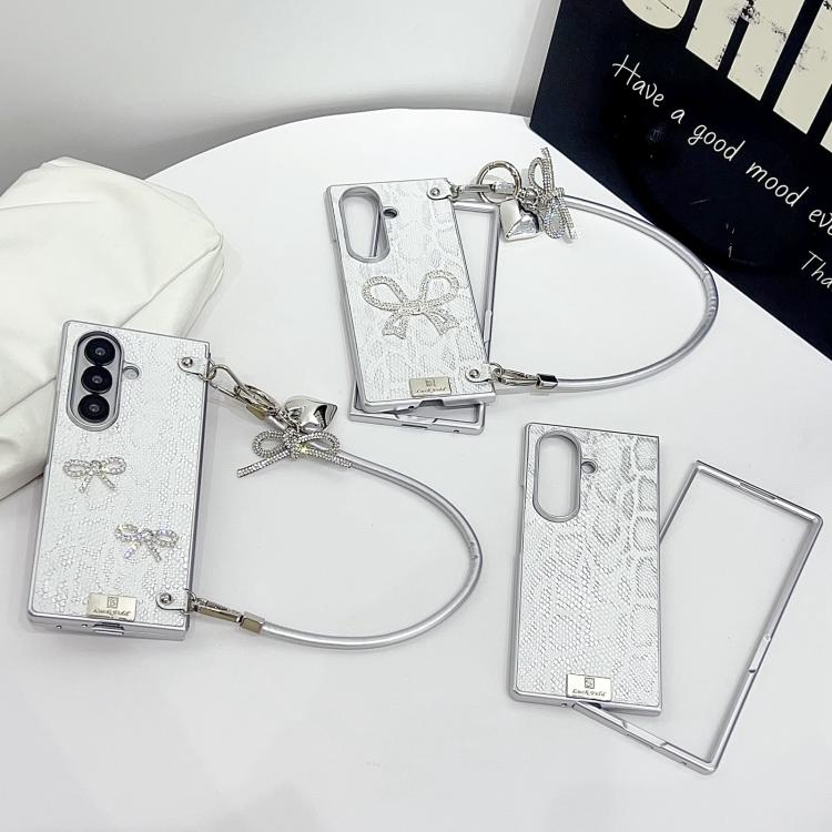 For Samsung Galaxy Z Fold7 5G Scale Texture Bow Phone Case with Wrist Strap / Nameplate