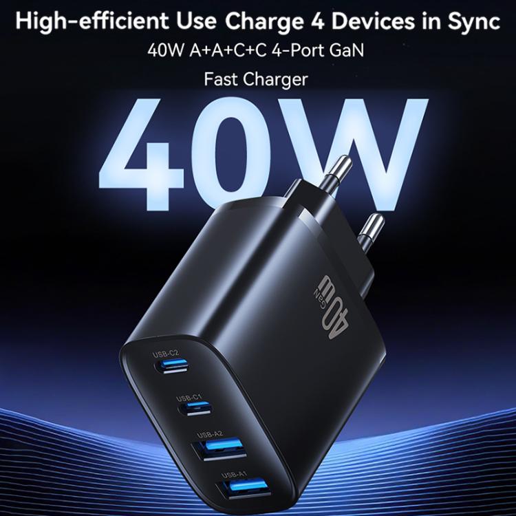 USAMS T70 CC330 40W Dual USB-A and Dual USB-C / Type-C 4-Port GaN Fast Charger, Plug:EU Plug - Black