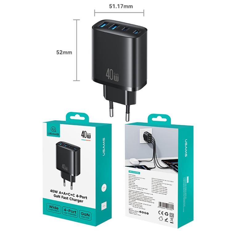 USAMS T70 CC330 40W Dual USB-A and Dual USB-C / Type-C 4-Port GaN Fast Charger, Plug:EU Plug - Black