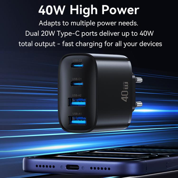USAMS T70 CC330 40W Dual USB-A and Dual USB-C / Type-C 4-Port GaN Fast Charger, Plug:EU Plug - Black