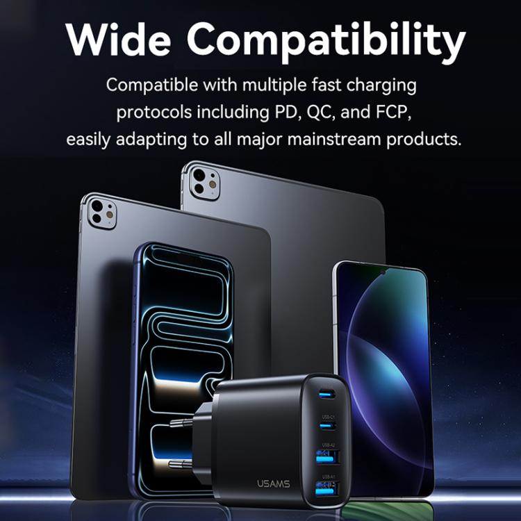 USAMS T70 CC330 40W Dual USB-A and Dual USB-C / Type-C 4-Port GaN Fast Charger, Plug:EU Plug - Black