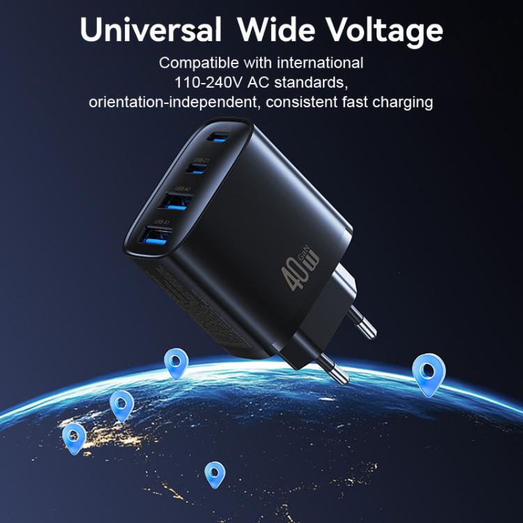 USAMS T70 CC330 40W Dual USB-A and Dual USB-C / Type-C 4-Port GaN Fast Charger, Plug:EU Plug - Black
