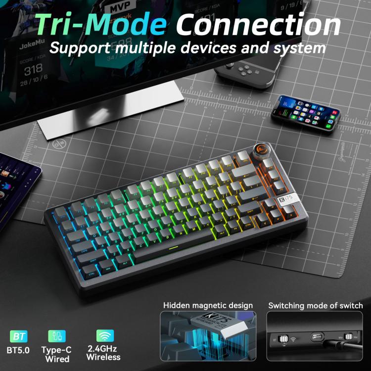 SOLAKAKA Ki75 Tri-mode RGB Side-Legend Wireless Mechanical Keyboard, Type:Seiya Switch - Gradient Gray