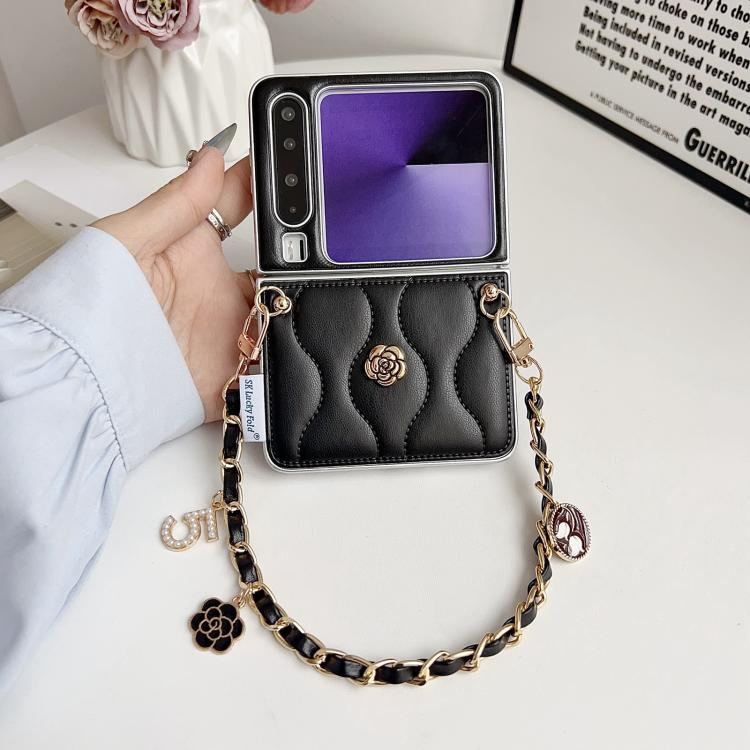 For Huawei Pura X Puffer Jacket 3D Camellia Pattern Phone Case with Wrist Strap
