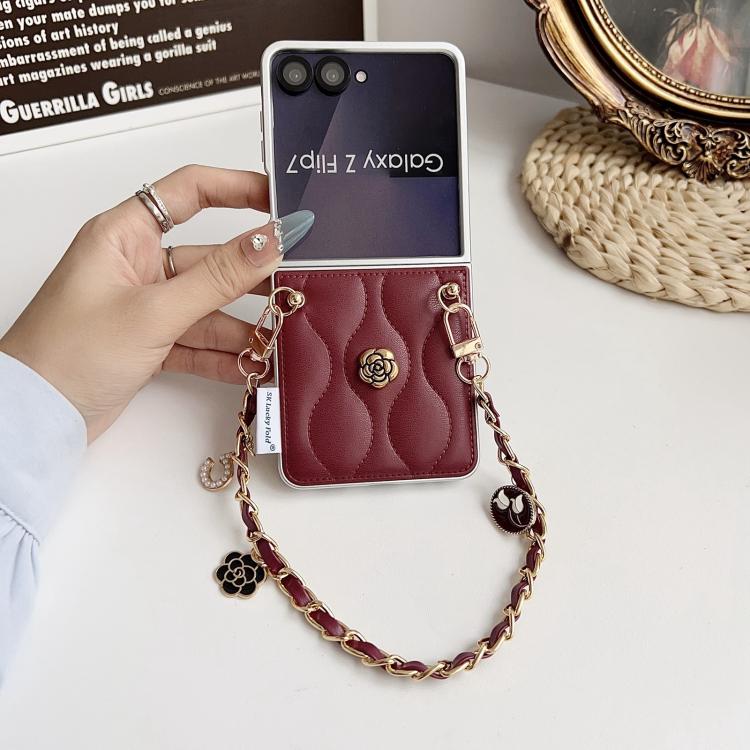 For Samsung Galaxy Z Flip7 5G Puffer Jacket 3D Camellia Pattern Phone Case with Wrist Strap
