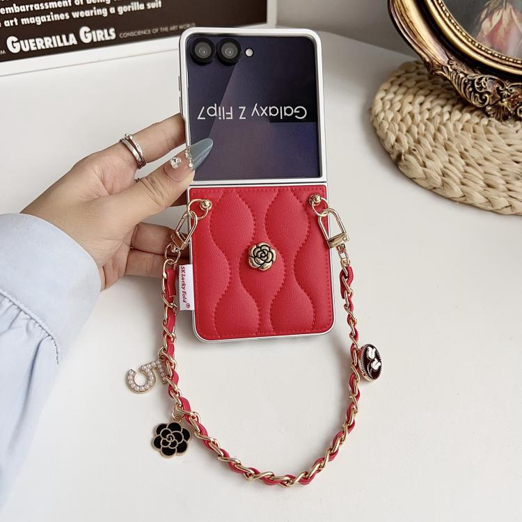 For Samsung Galaxy Z Flip7 5G Puffer Jacket 3D Camellia Pattern Phone Case with Wrist Strap