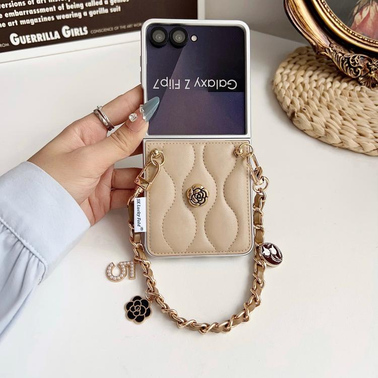 For Samsung Galaxy Z Flip7 5G Puffer Jacket 3D Camellia Pattern Phone Case with Wrist Strap