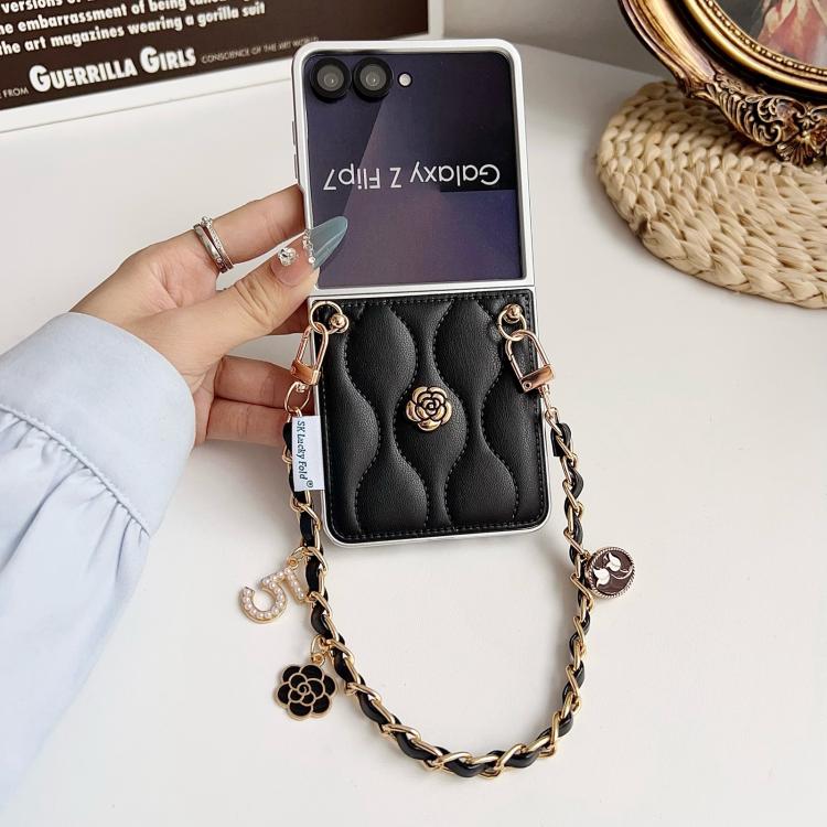 For Samsung Galaxy Z Flip7 5G Puffer Jacket 3D Camellia Pattern Phone Case with Wrist Strap